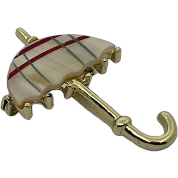Vintage Umbrella Brooch Pin Mother of Pearl Red Stripe Gold Tone 1960s Parasol - Picture 7 of 15
